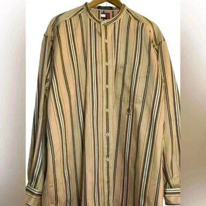 Tommy Hilfiger Men’s Beige Striped Collarless Shirt Crest Heavyweight Large